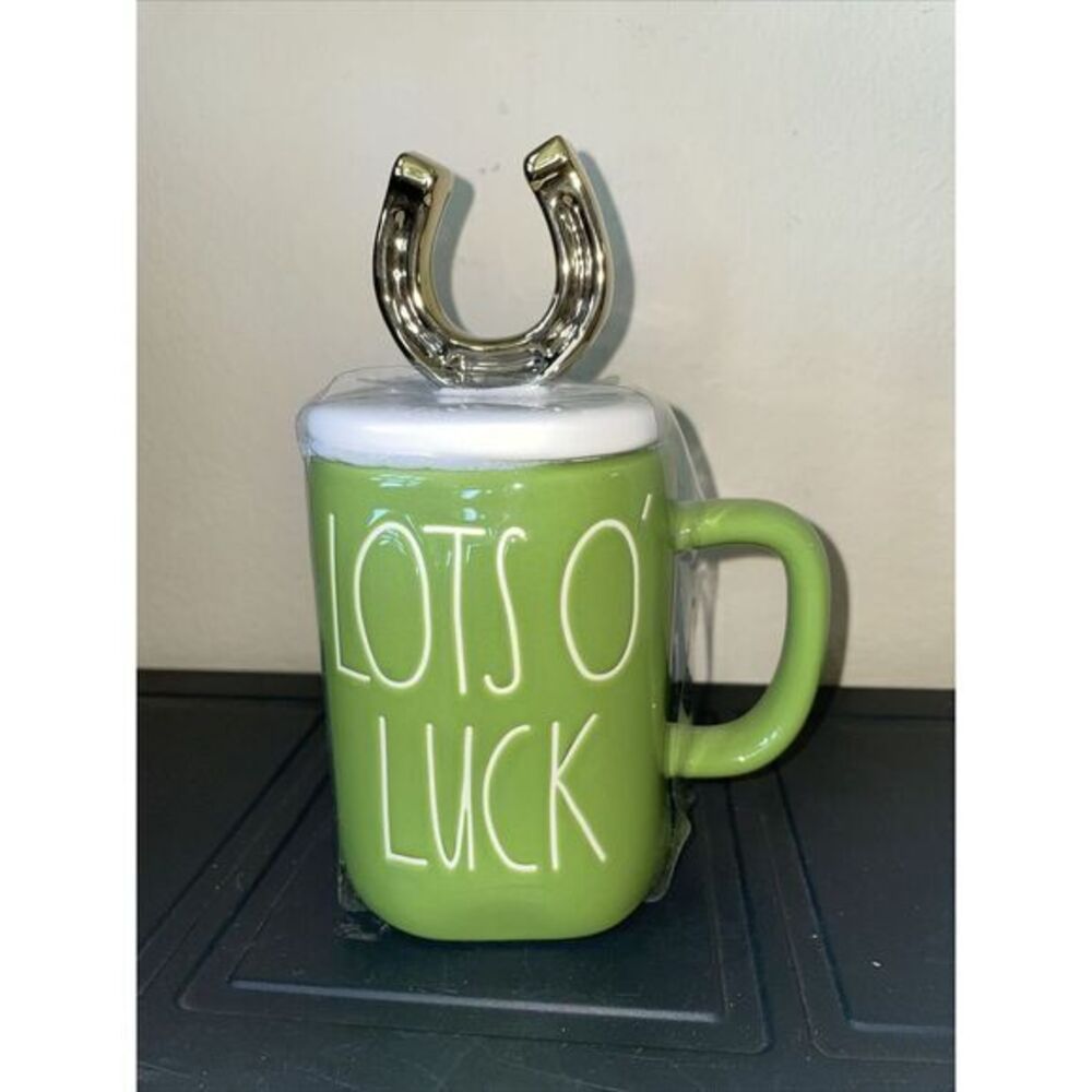 Rae dunn Lots O' Luck coffee mug With Gold Horseshoe Topper Ceramic New